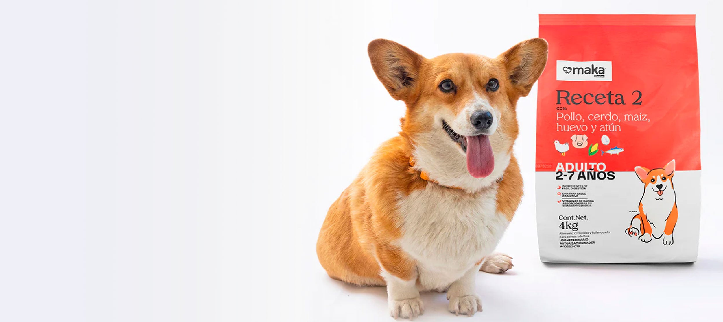 A dog alongside a 4kg bag of dog food from Maka brand