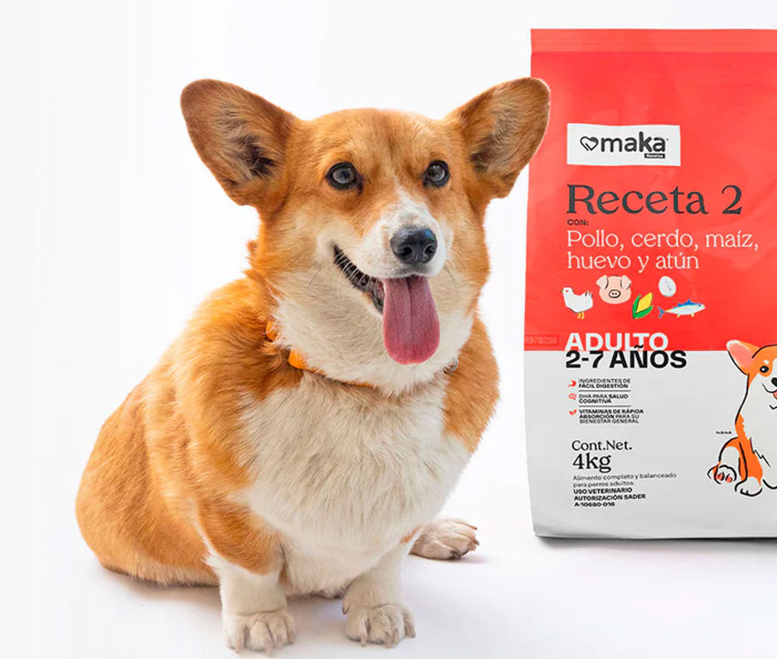 A dog alongside a 4kg bag of dog food from Maka brand