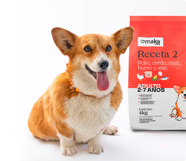 A dog alongside a 4kg bag of food for dogs from the Maka brand
